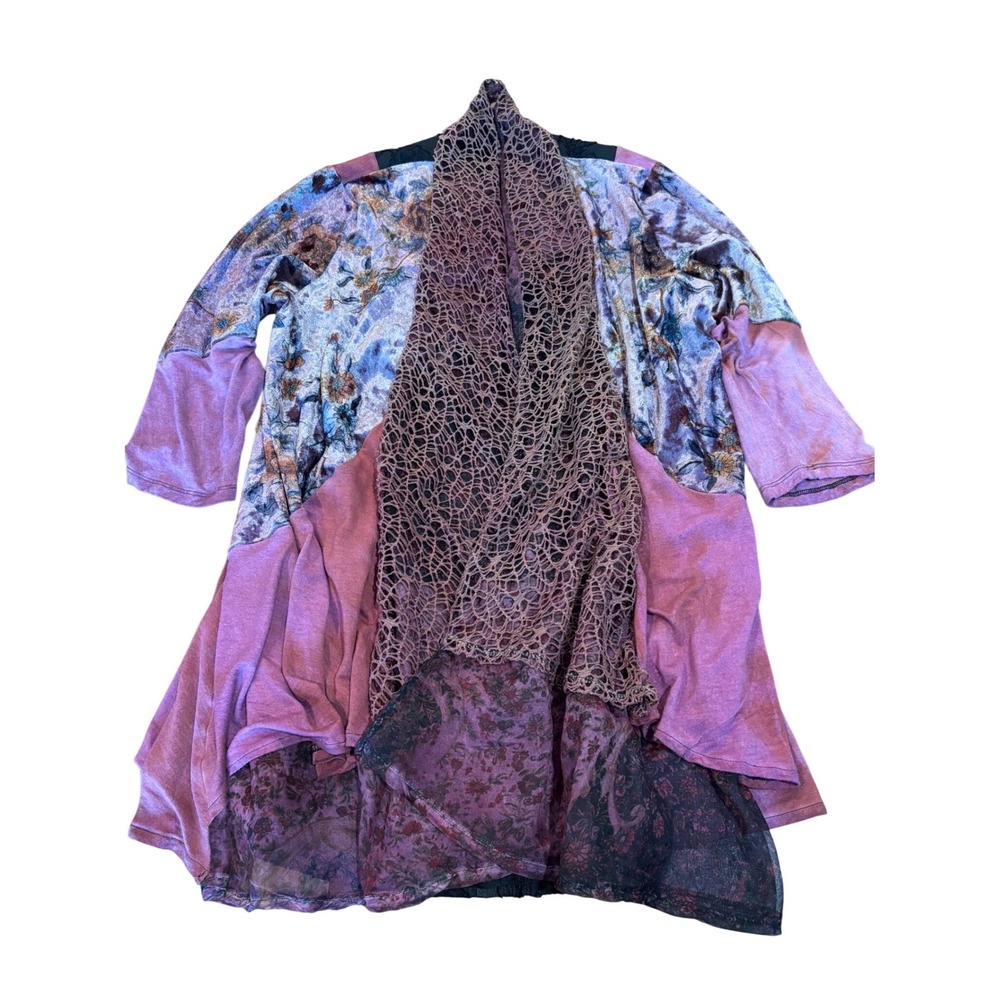 Funsport womens large mixed media boho cardigan velvet lace mesh floral purple